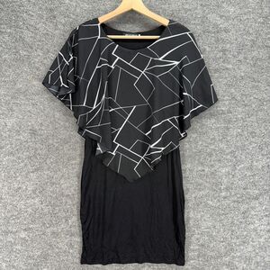 DuoDuo Dress Women XL Black Geometric Shift Midi Short Sleeve Round Neck